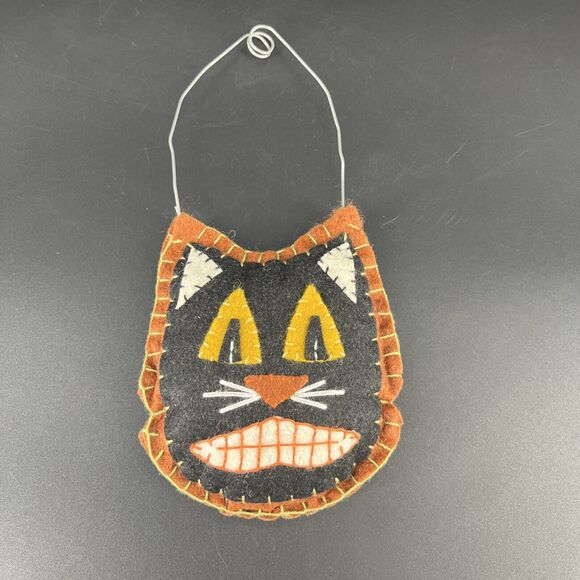 Halloween Felt Black Cat Wall Door Hanging Ornament Hand Stitched Folk Art - Picture 1 of 13